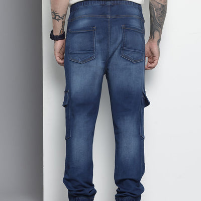 Men's Blue Regular Fit Solid Stretchable Denim Cargo Joggers
