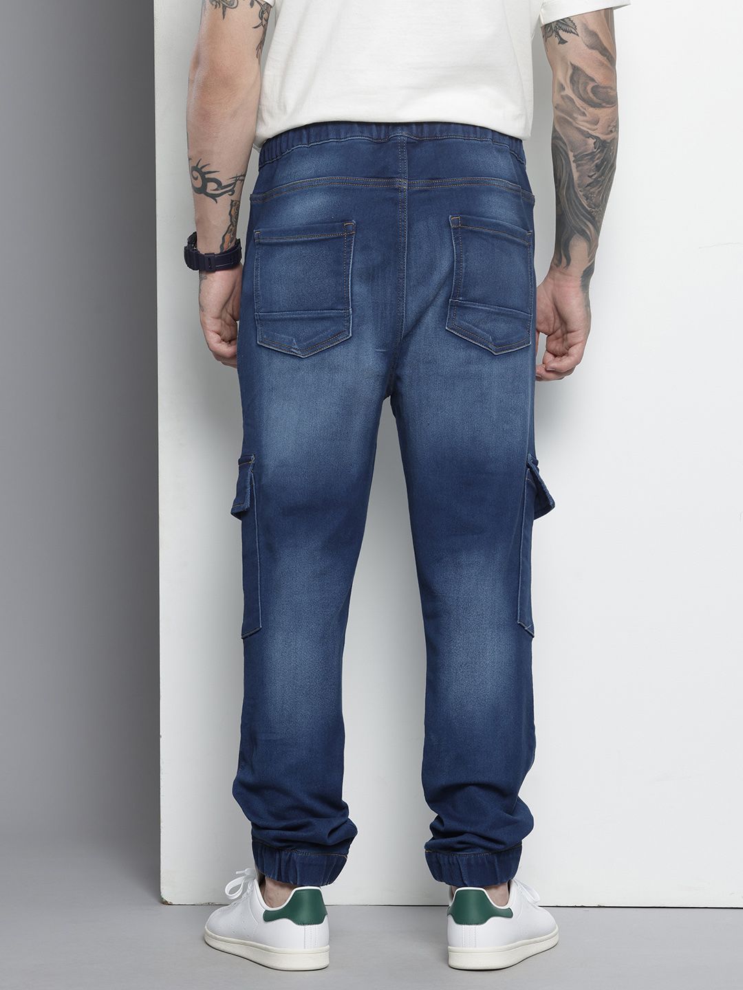Men's Blue Regular Fit Solid Stretchable Denim Cargo Joggers