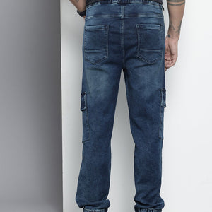 Men's Blue Regular Fit Solid Stretchable Denim Cargo Joggers