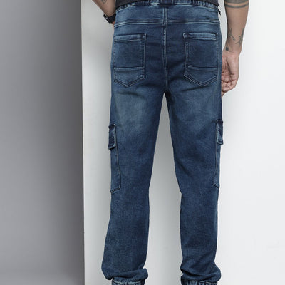 Men's Blue Regular Fit Solid Stretchable Denim Cargo Joggers