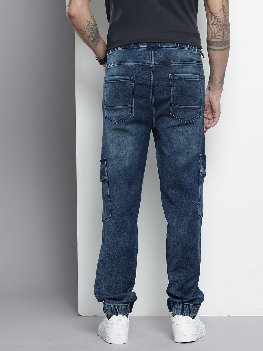 Men's Blue Regular Fit Solid Stretchable Denim Cargo Joggers