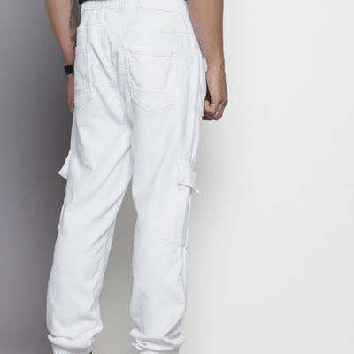 Men's White Regular Fit Solid Stretchable Denim Cargo Joggers