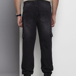 Men's Black Regular Fit Solid Stretchable Denim Joggers