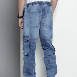 Men's Blue Relaxed Fit Solid Stretchable Denim Cargo Joggers