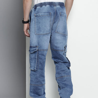 Men's Blue Relaxed Fit Solid Stretchable Denim Cargo Joggers