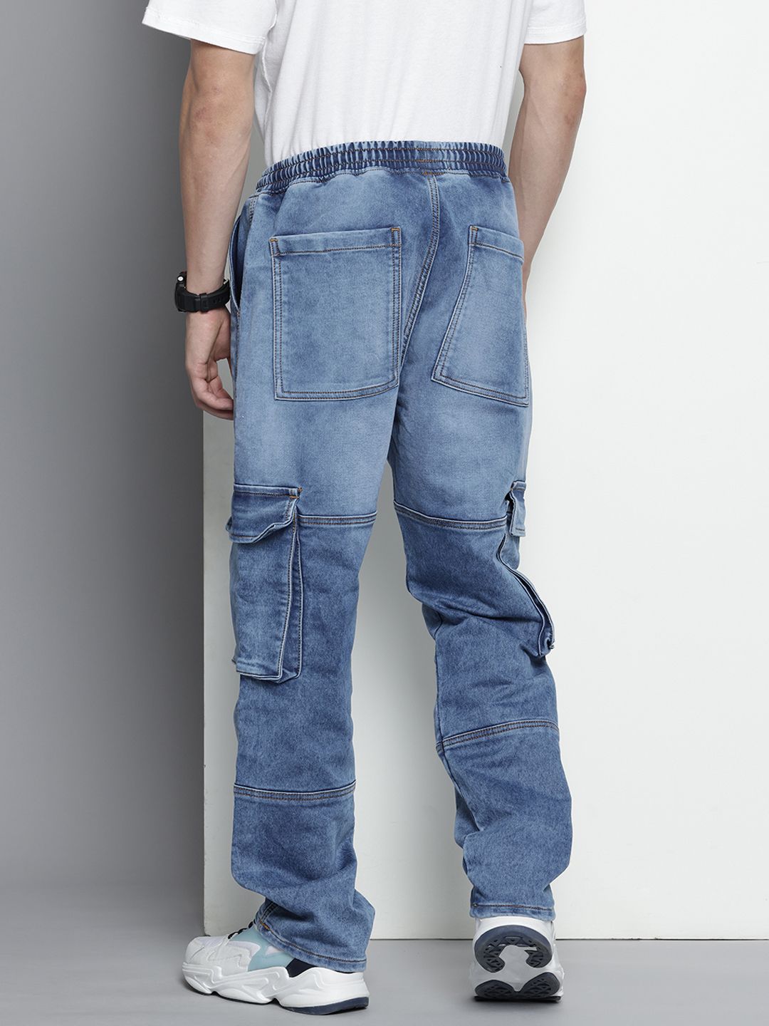 Men's Blue Relaxed Fit Solid Stretchable Denim Cargo Joggers