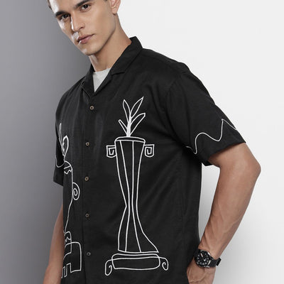 Men's Black Relaxed Fit Solid Resort Wear Shirt