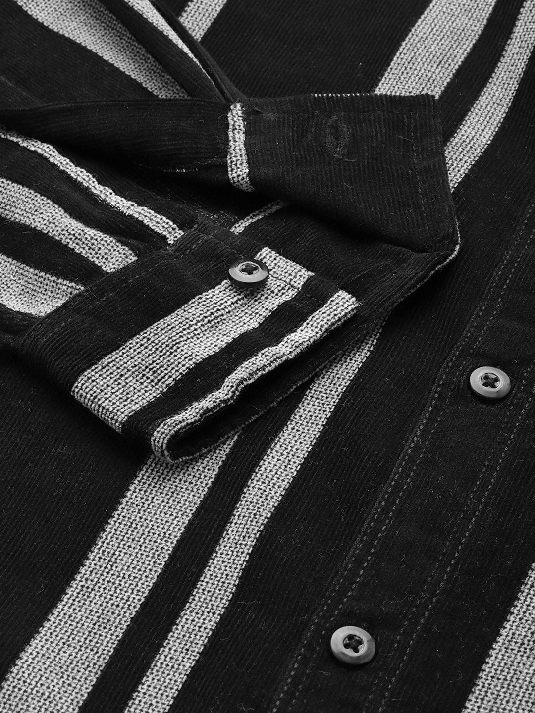 Men's Black Regular Fit Striped Casual Overshirt