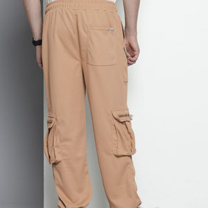 Men's Brown Relaxed Fit Textured Wide Leg Cargo Joggers