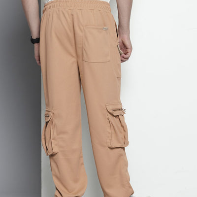 Men's Brown Relaxed Fit Textured Wide Leg Cargo Joggers