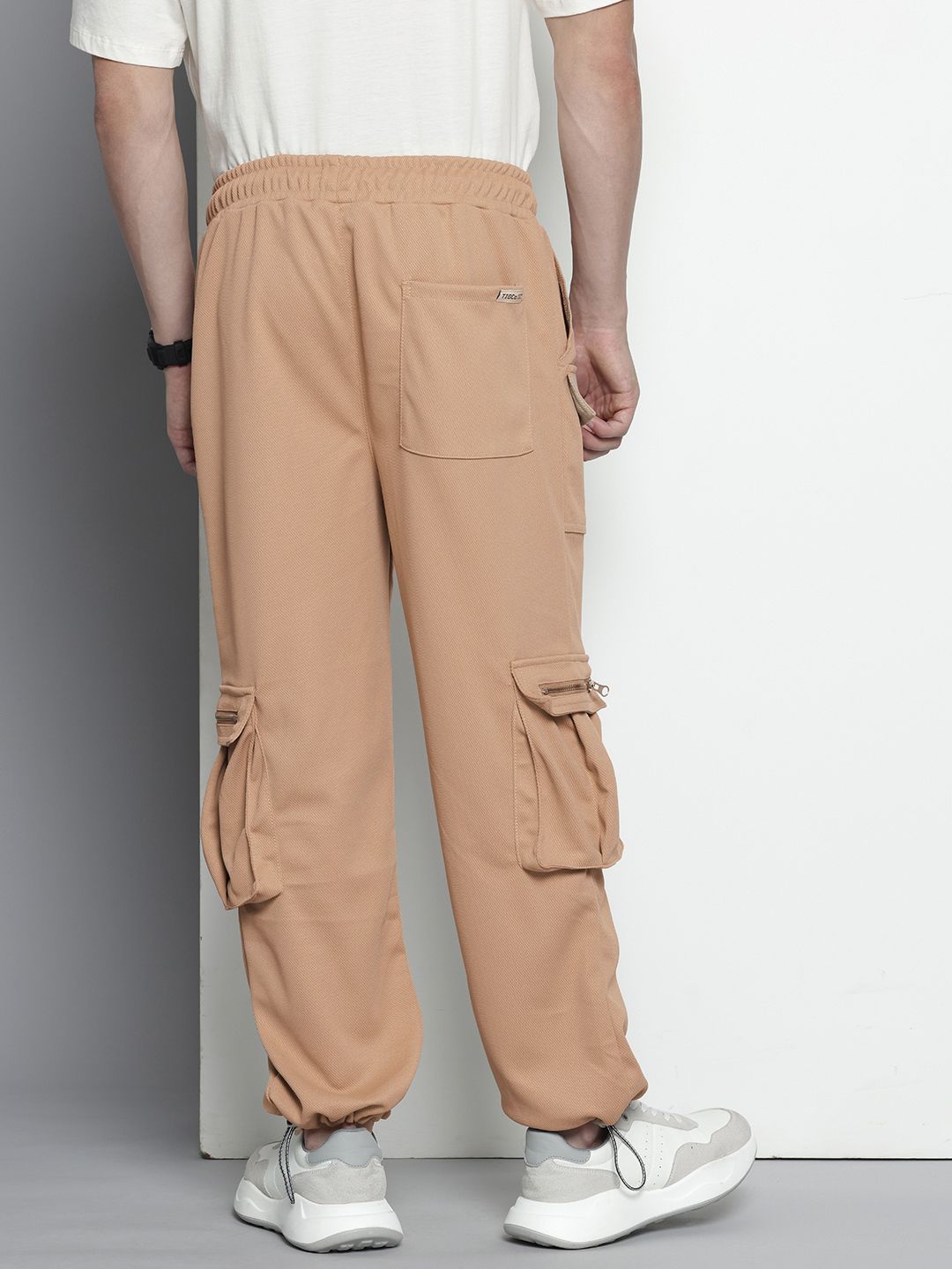 Men's Brown Relaxed Fit Textured Wide Leg Cargo Joggers