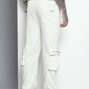 Men's White Relaxed Fit Textured Wide Leg Cargo Joggers