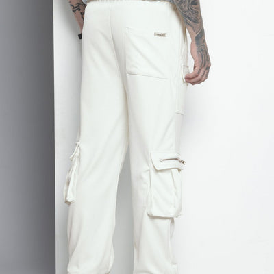 Men's White Relaxed Fit Textured Wide Leg Cargo Joggers