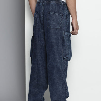 Men's Blue Loose Solid Denim Cargo Harem Pants