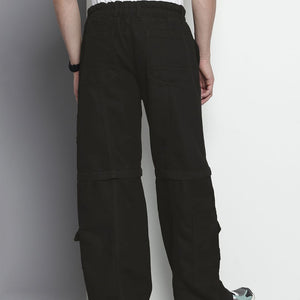 Men's Black Wide Leg Solid Convertible Cargo Jeans