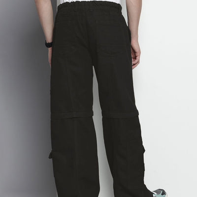 Men's Black Wide Leg Solid Convertible Cargo Jeans