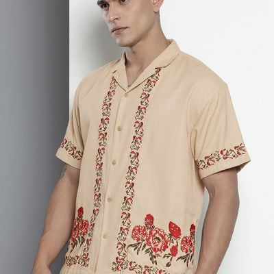 Men's Khaki Relaxed Fit Solid Resort Wear Shirt