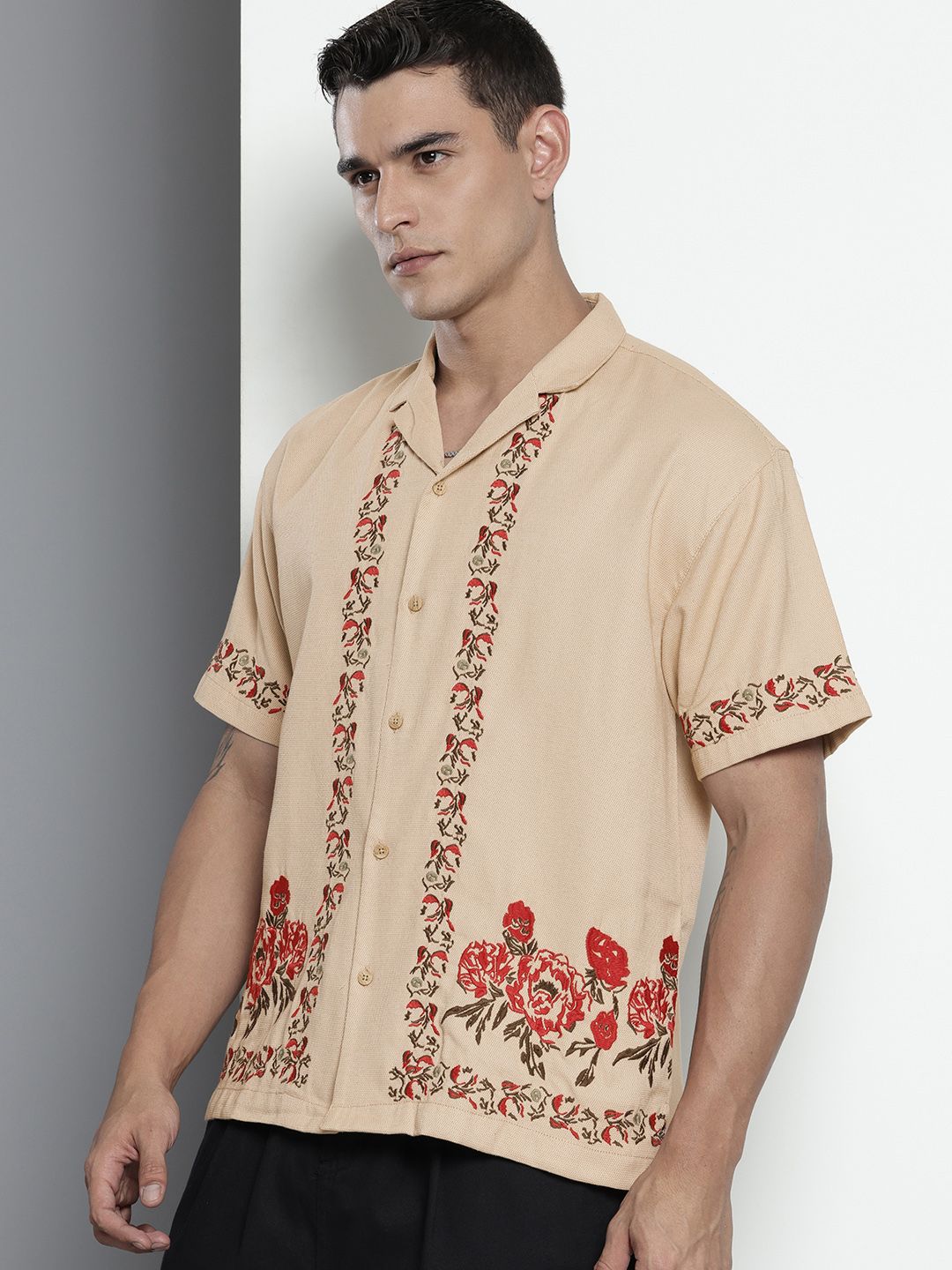 Men's Khaki Relaxed Fit Solid Resort Wear Shirt