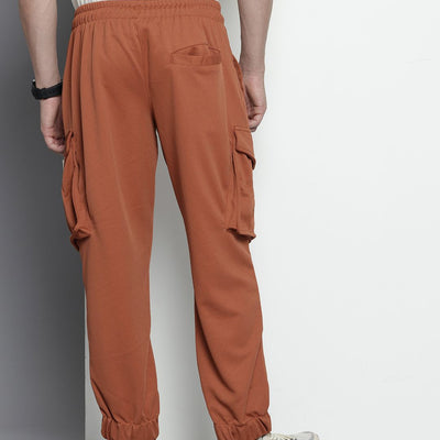 Men's Brown Relaxed Fit Textured Cargo Joggers