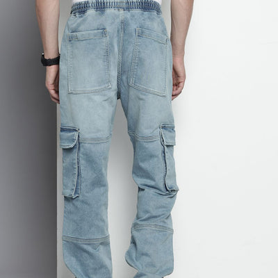 Men's Blue Relaxed Fit Solid Stretchable Denim Cargo Joggers