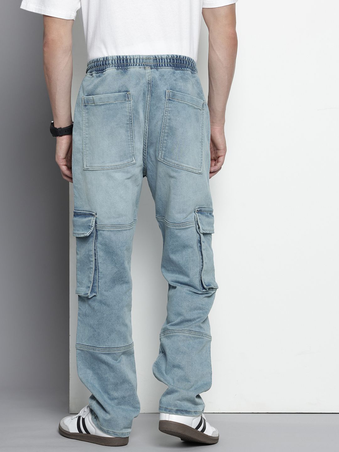 Men's Blue Relaxed Fit Solid Stretchable Denim Cargo Joggers