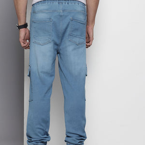 Men's Blue Regular Fit Solid Stretchable Denim Cargo Joggers