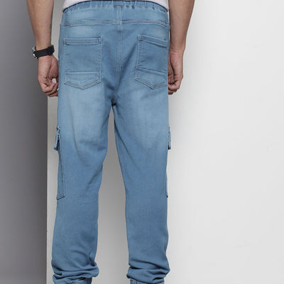 Men's Blue Regular Fit Solid Stretchable Denim Cargo Joggers