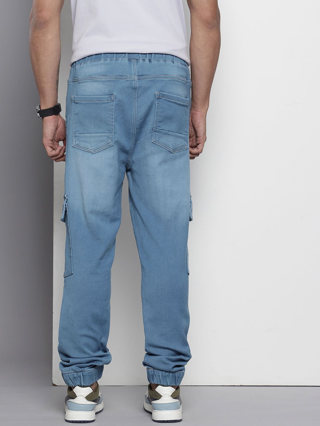 Men's Blue Regular Fit Solid Stretchable Denim Cargo Joggers