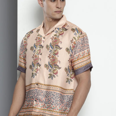 Men's Beige Relaxed Fit Indie Resort Wear Shirt