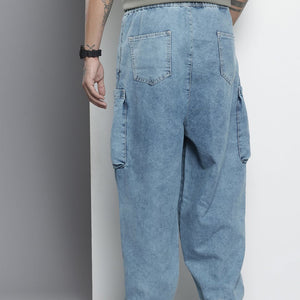 Men's Blue Loose Solid Denim Cargo Harem Pants
