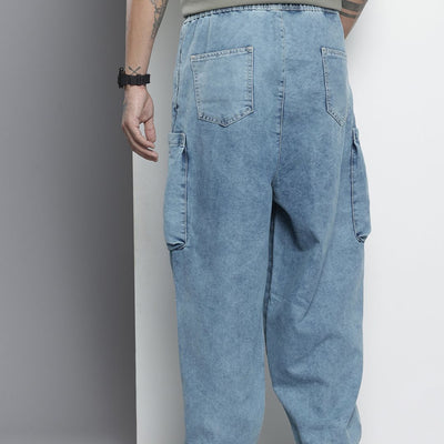 Men's Blue Loose Solid Denim Cargo Harem Pants