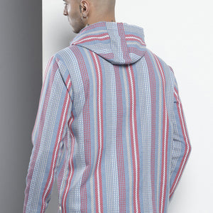 Men's Blue Relaxed Fit Vertical Stripes Resort Wear Shirt