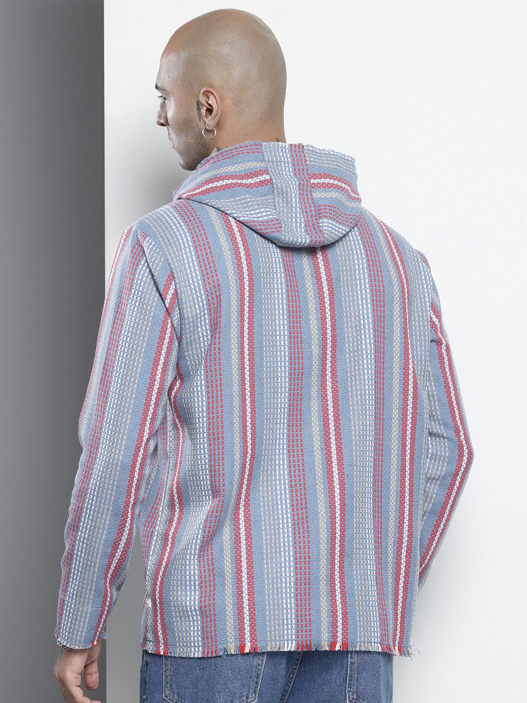 Men's Blue Relaxed Fit Vertical Stripes Resort Wear Shirt
