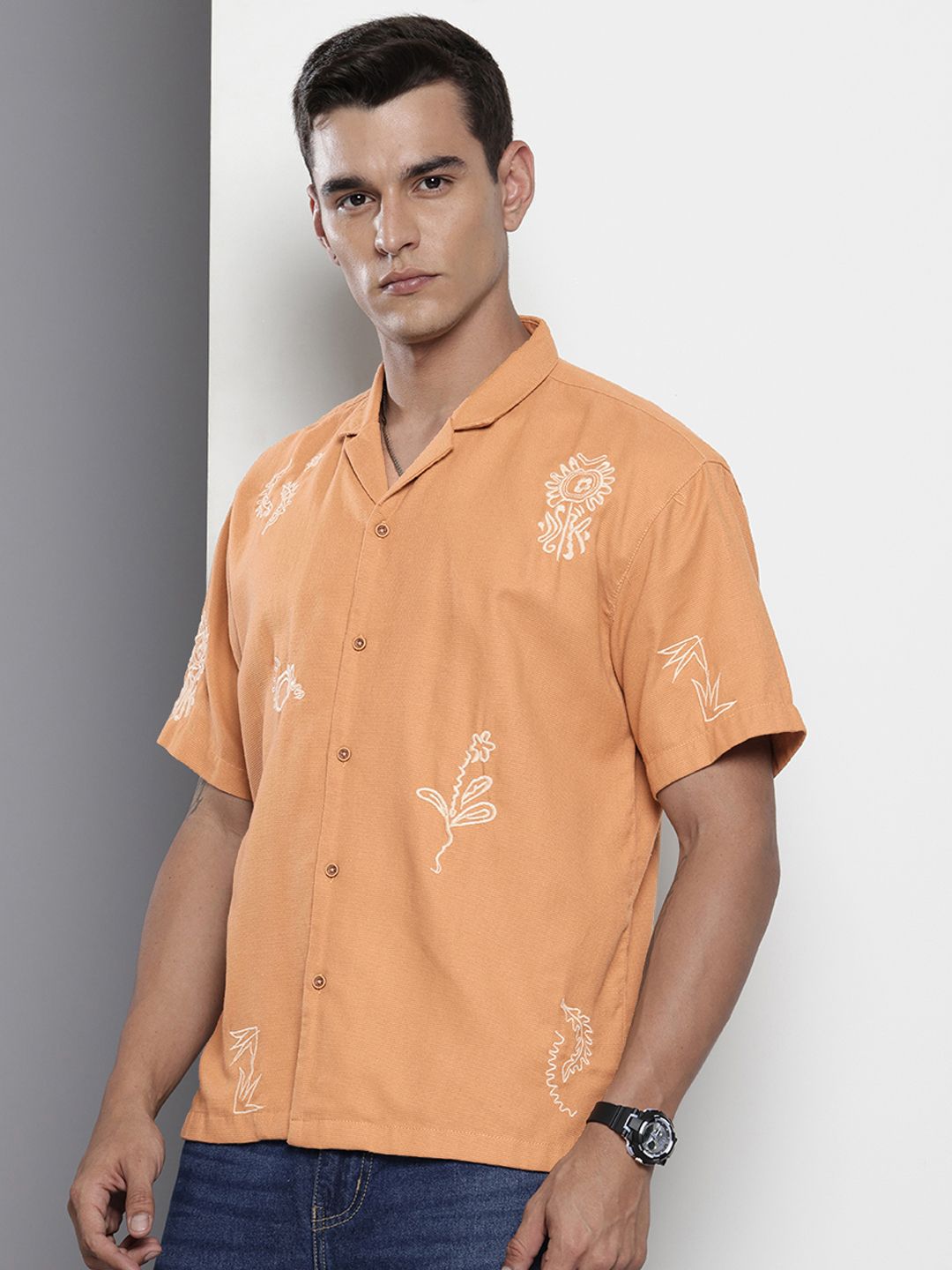 Men's Yellow Relaxed Fit Printed Resort Wear Shirt