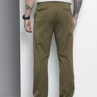 Men's Olive Regular Fit Solid Trousers
