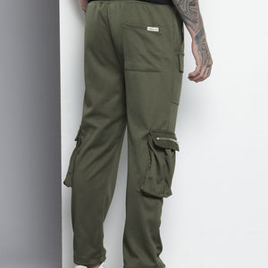 Men's Olive Relaxed Fit Textured Wide Leg Cargo Joggers