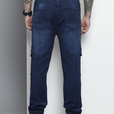 Men's Blue Regular Fit Solid Stretchable Denim Cargo Joggers