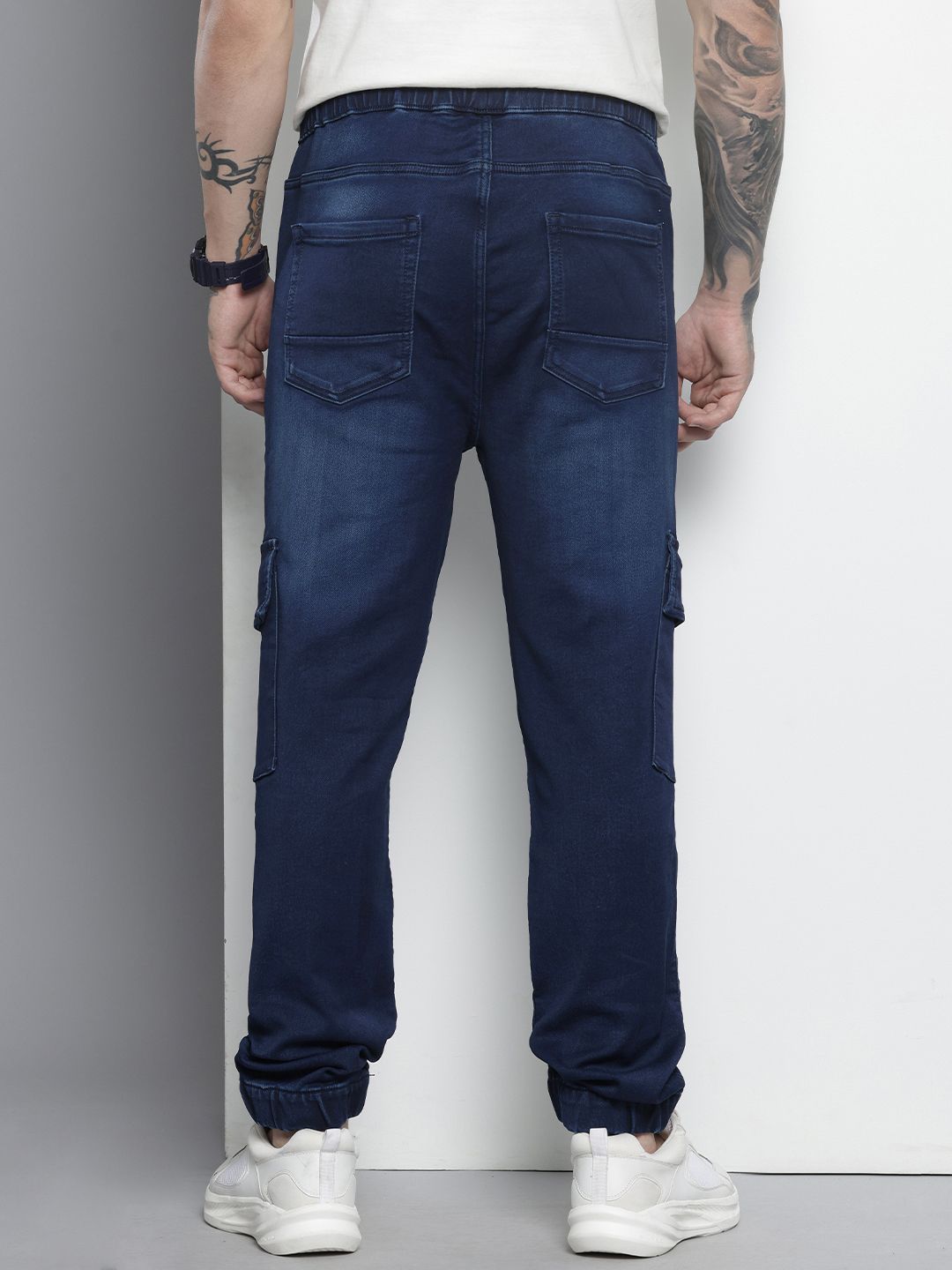 Men's Blue Regular Fit Solid Stretchable Denim Cargo Joggers