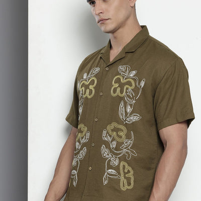 Men's Olive Relaxed Fit Solid Resort Wear Shirt