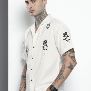 Men's White Relaxed Fit Embroidered Resort Wear Shirt