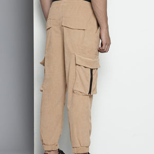 Men's Khaki Relaxed Fit Textured Corduroy Loose Joggers