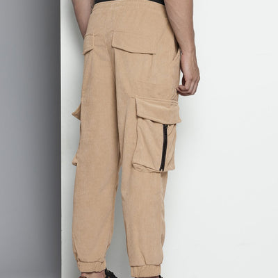 Men's Khaki Relaxed Fit Textured Corduroy Loose Joggers