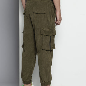 Men's Olive Relaxed Fit Textured Corduroy Loose Joggers