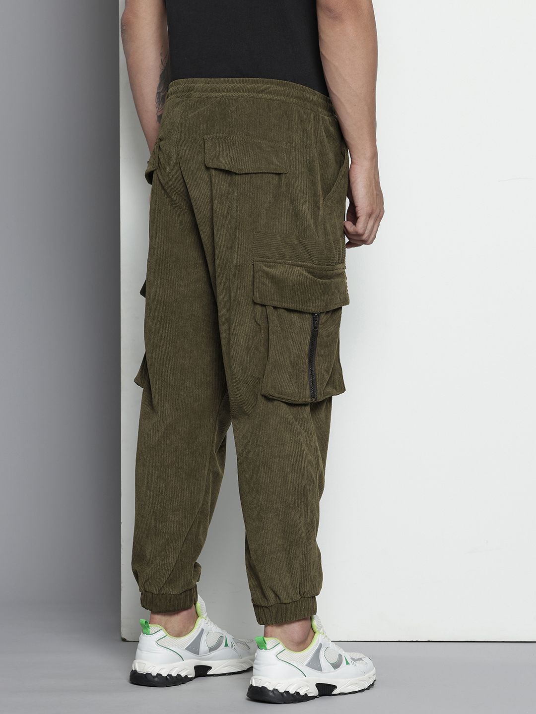 Men's Olive Relaxed Fit Textured Corduroy Loose Joggers