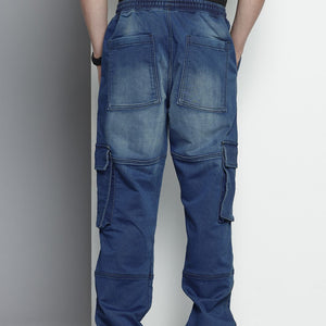 Men's Blue Relaxed Fit Solid Stretchable Denim Cargo Joggers