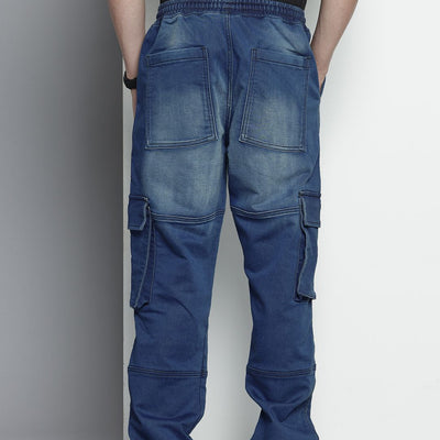 Men's Blue Relaxed Fit Solid Stretchable Denim Cargo Joggers