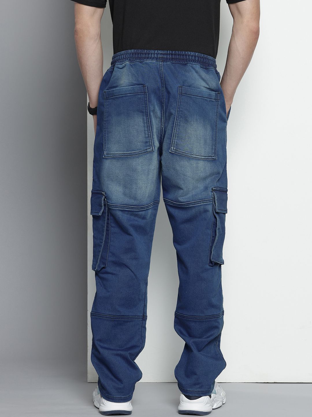 Men's Blue Relaxed Fit Solid Stretchable Denim Cargo Joggers