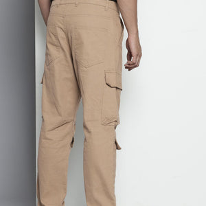 Men's Beige Relaxed Fit Solid Cargos