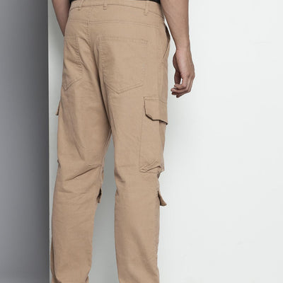 Men's Beige Relaxed Fit Solid Cargos
