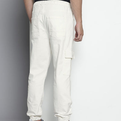 Men's White Regular Fit Solid Stretchable Denim Joggers